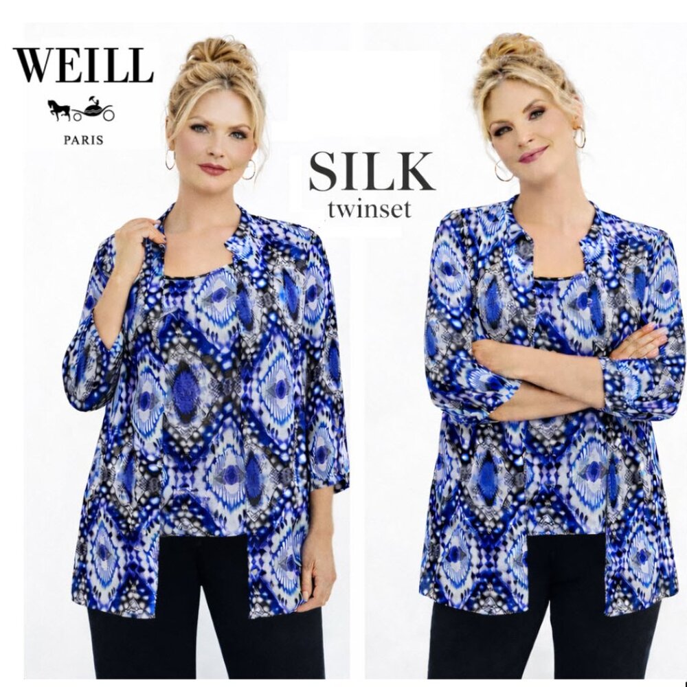 WEILL Blue Black Pattern Silk Tank & Button Blouse Set Size 14 Twinset Layered